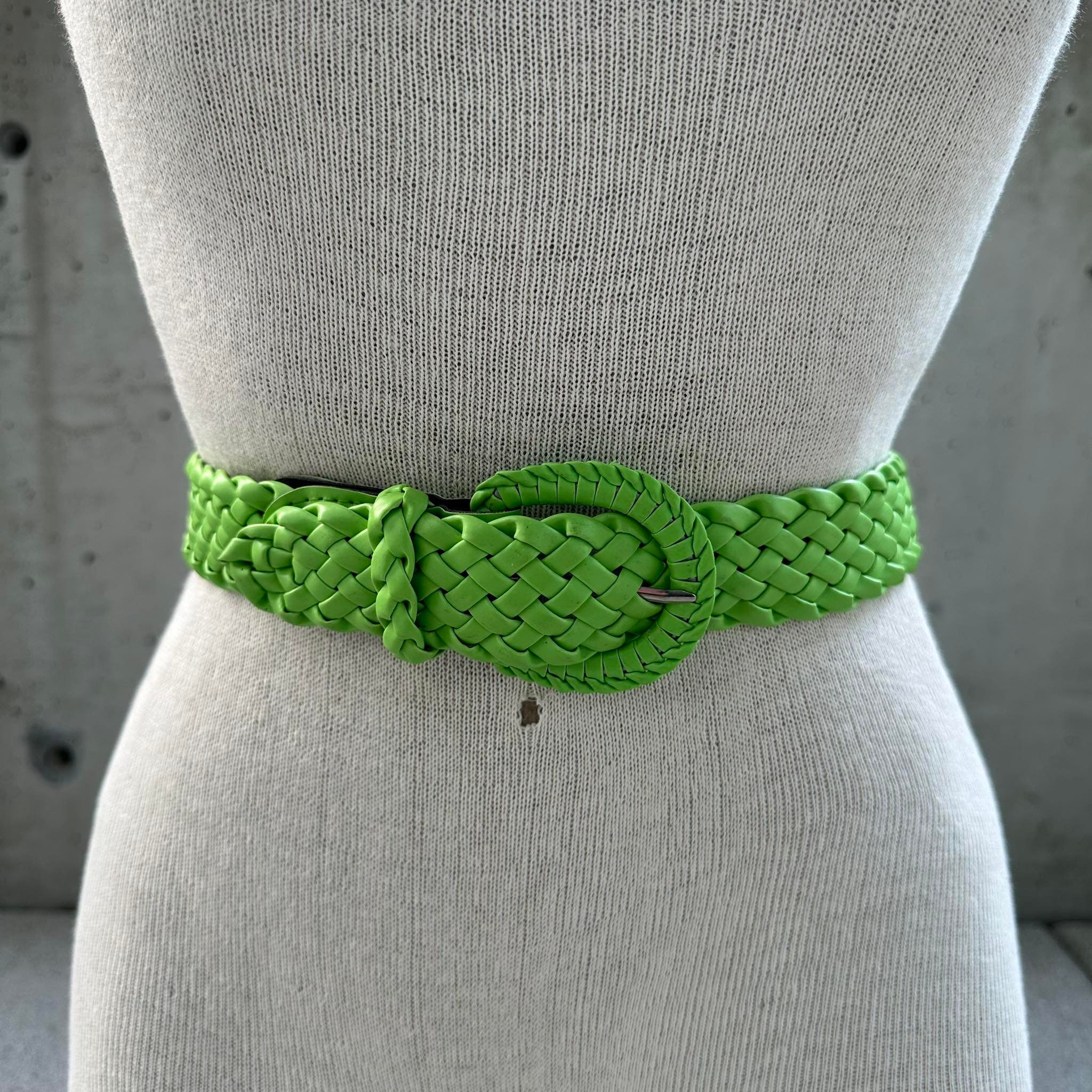 90s Lime Green Braided Belt, Vinyl Woven Belt, Glam Rock  display picture 2