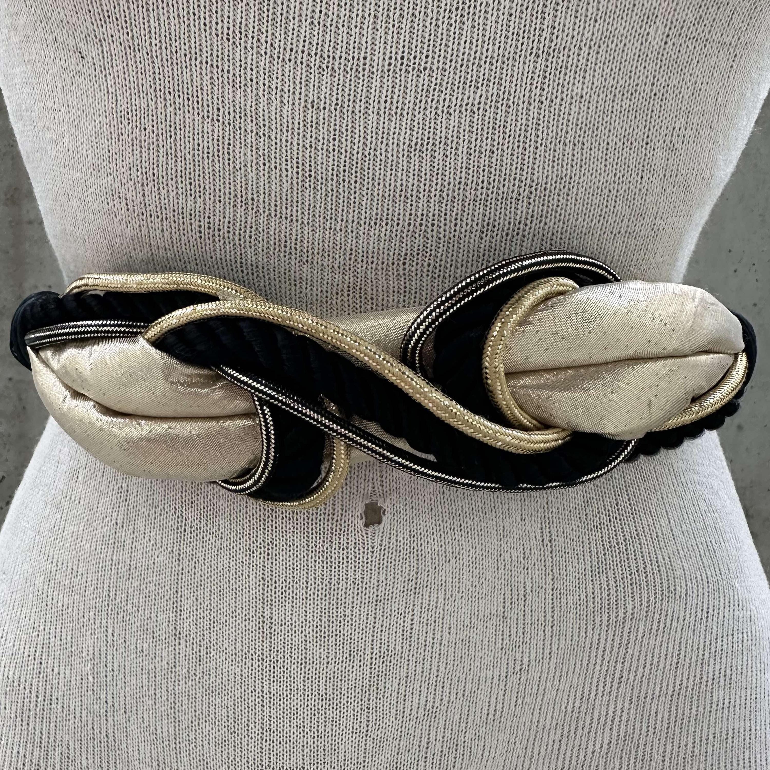 Vintage Unique Black and Gold Tone Braided Waistband, Nylon 