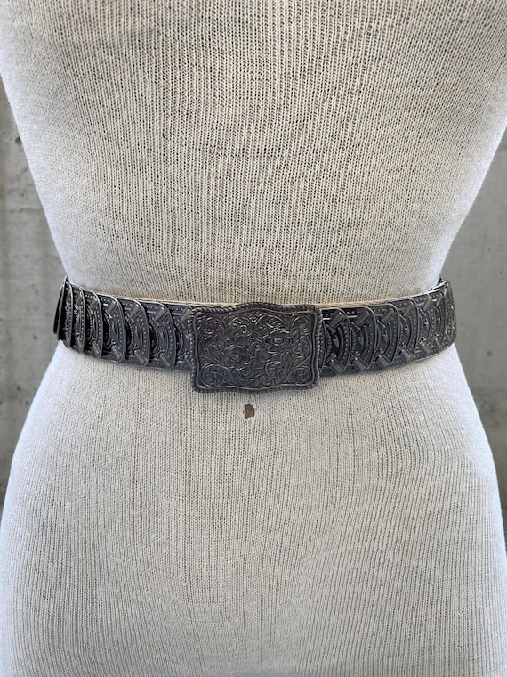 80s silver elasticated ornate metal belt, vintage 
