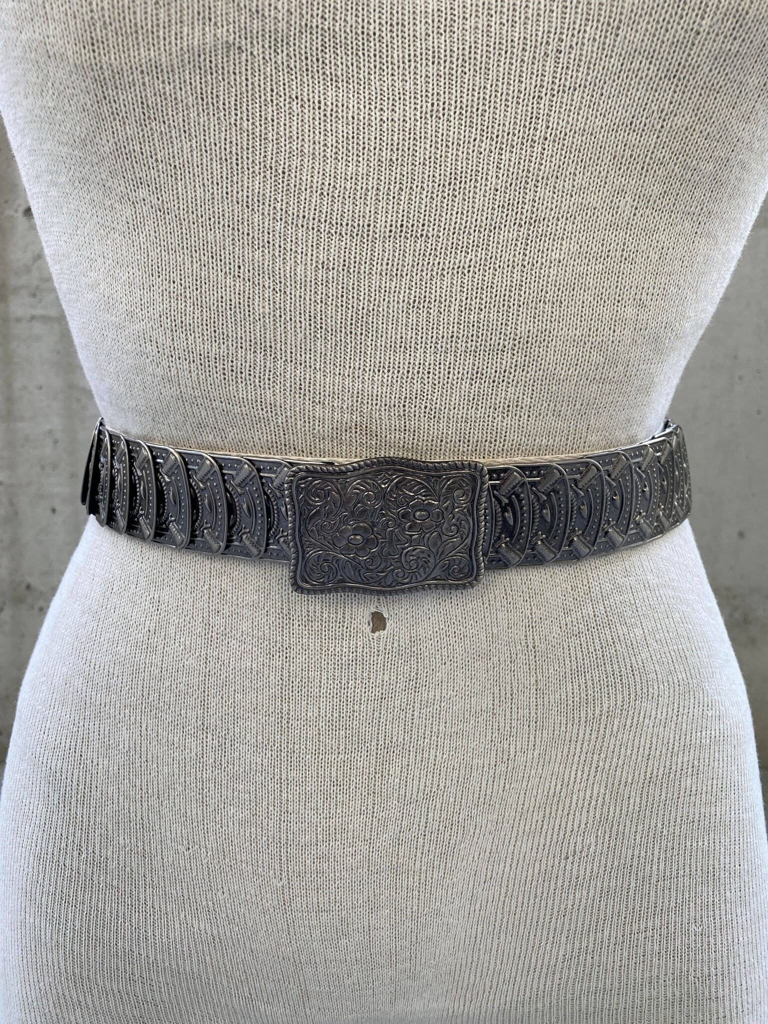 VTG‎ Retro Metal Stretch Elastic Silver Tone Belt Round Ornate Floral Buckle Antique Silver Western Floral Scroll Engraved Belt Buckle  main image 4