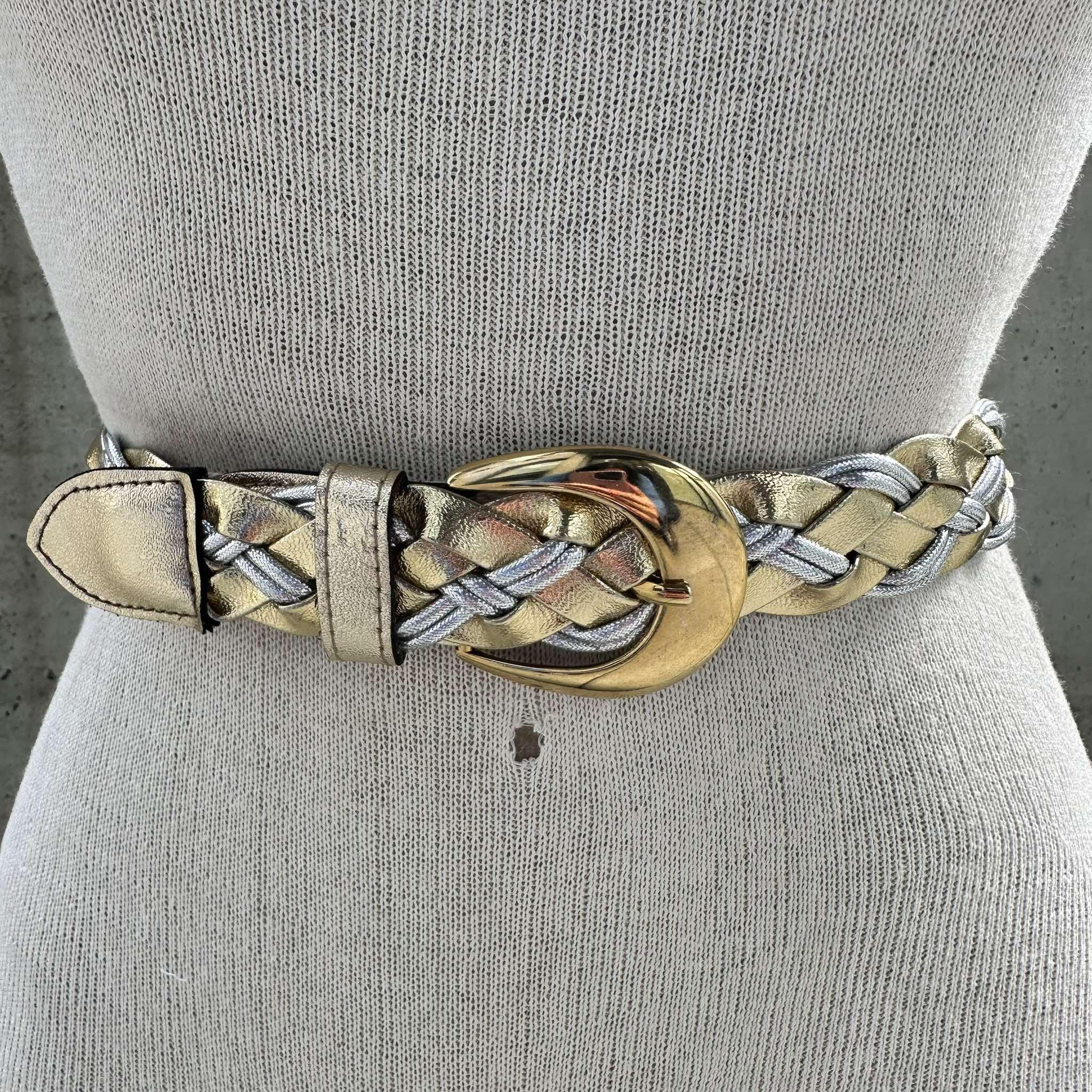 Vintage Silver Metallic Belt‎ Women Medium Braided Faux Leather Dress Retro 90s Vintage 90s Gold and Silver Braided Belt, Metallic Statement  main image 3