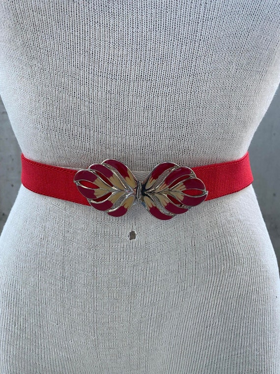 ? ?Vintage Red on Red Feathered Elastic Enamel 80s Belt? ? Feathered Red & Gold Elastic Enamel 1980s Cinch... | Depop main image 4