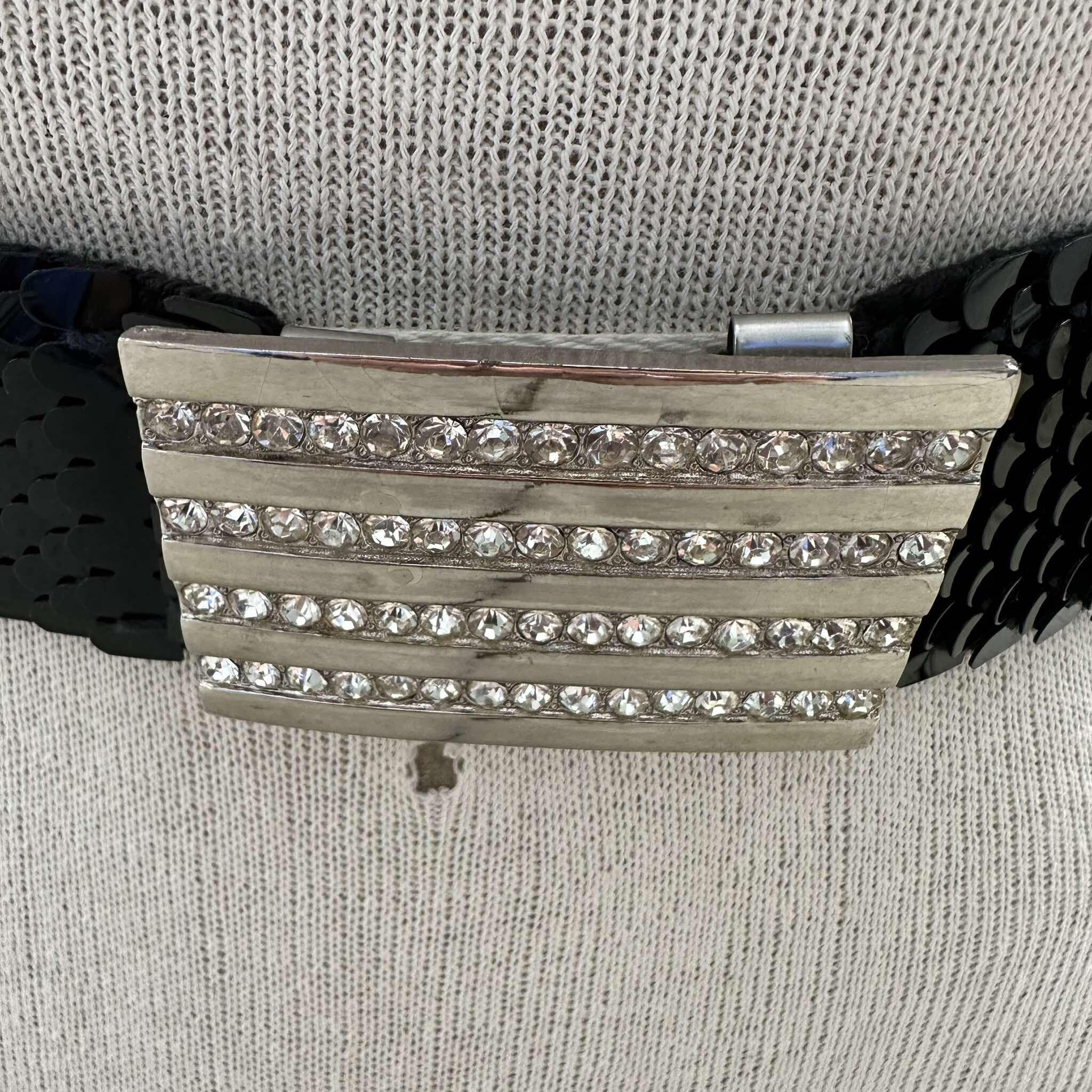 1970’s Vintage Fish Scale Elastic Belt with large Oval Clear Rhinestone’… Vintage 70s Fish Scale Belt, Black Mermaid Tail Waistband  main image 4