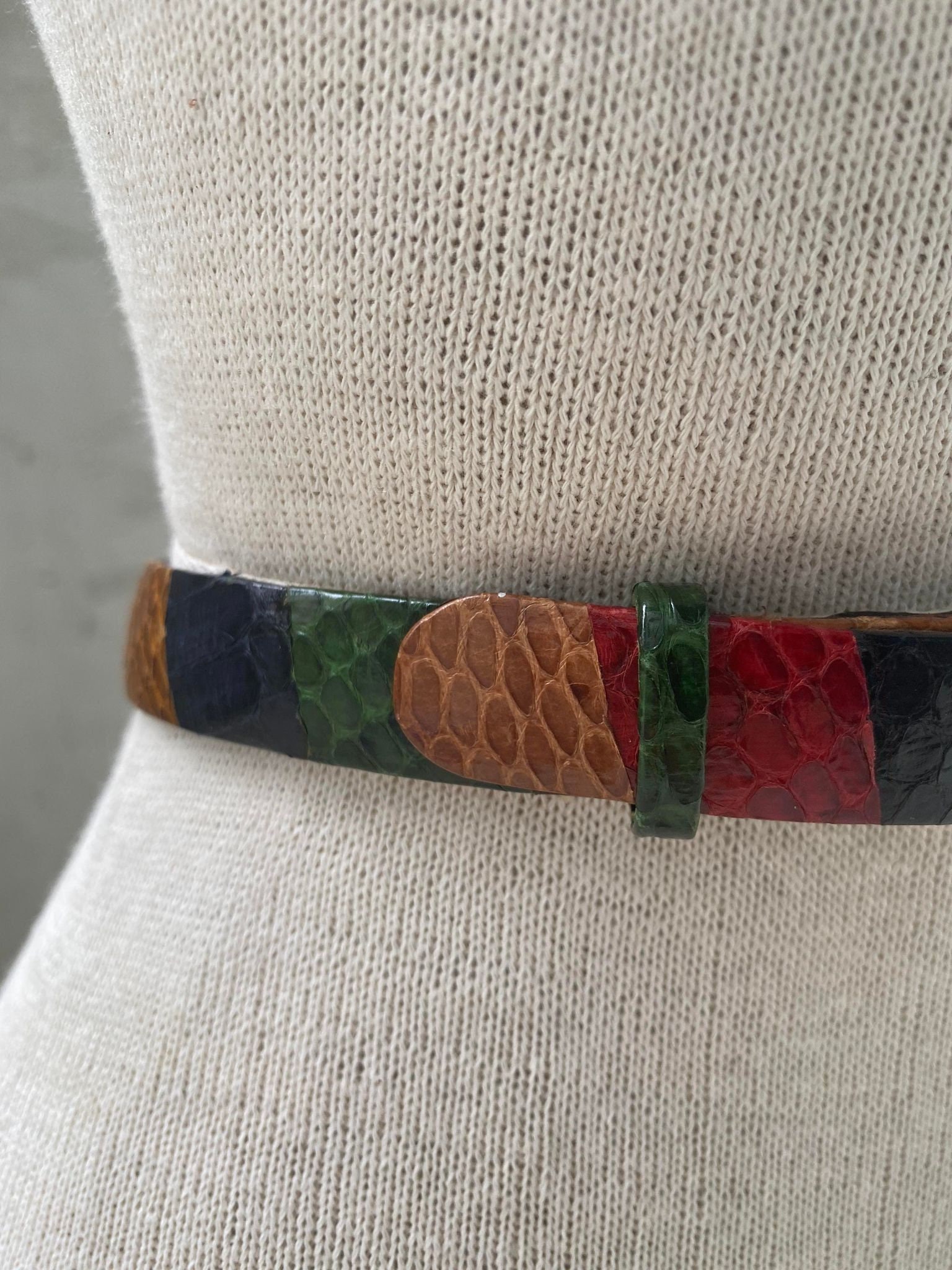 Vintage Lusha 80s Red snakeskin Exotic Leather Belt with Multicolor Scale Inlays 70s 80s Genuine Snakeskin Red Shimmery Leather Belt 1970s  main image 4