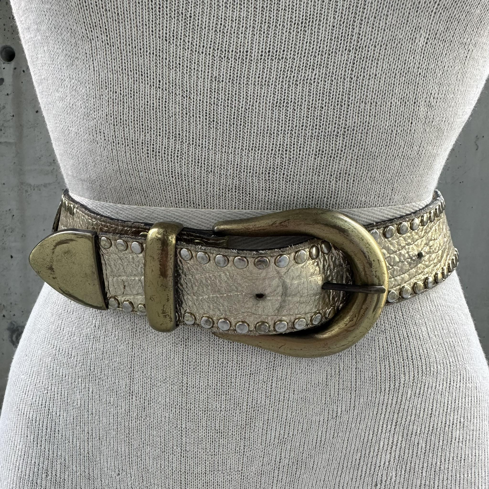 90s Leatherock Belt, Vintage Gold Tone Studded Leather Belt