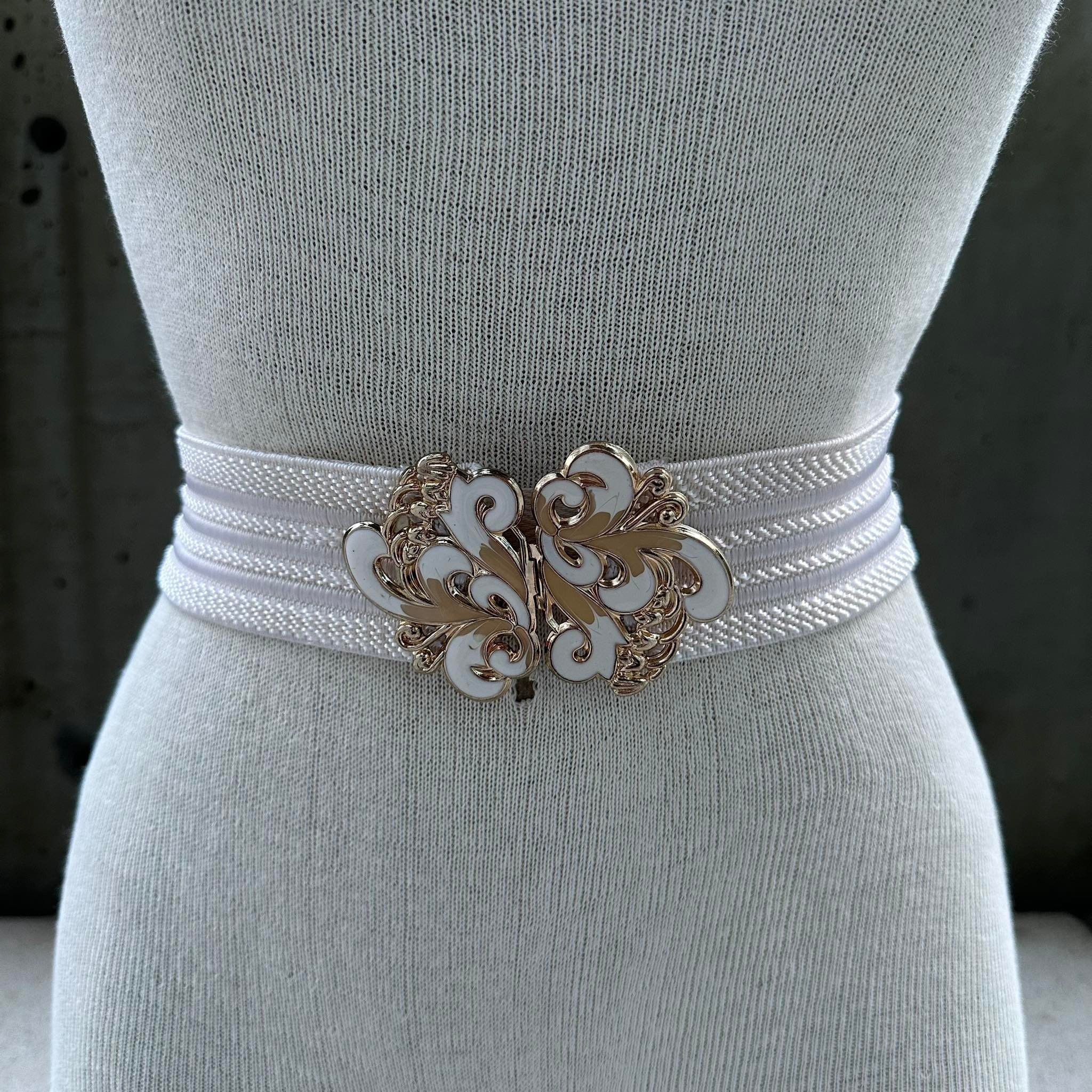 Vintage Beige Elastic Belt, 80s Eclectic Waist Wear, Swirly 