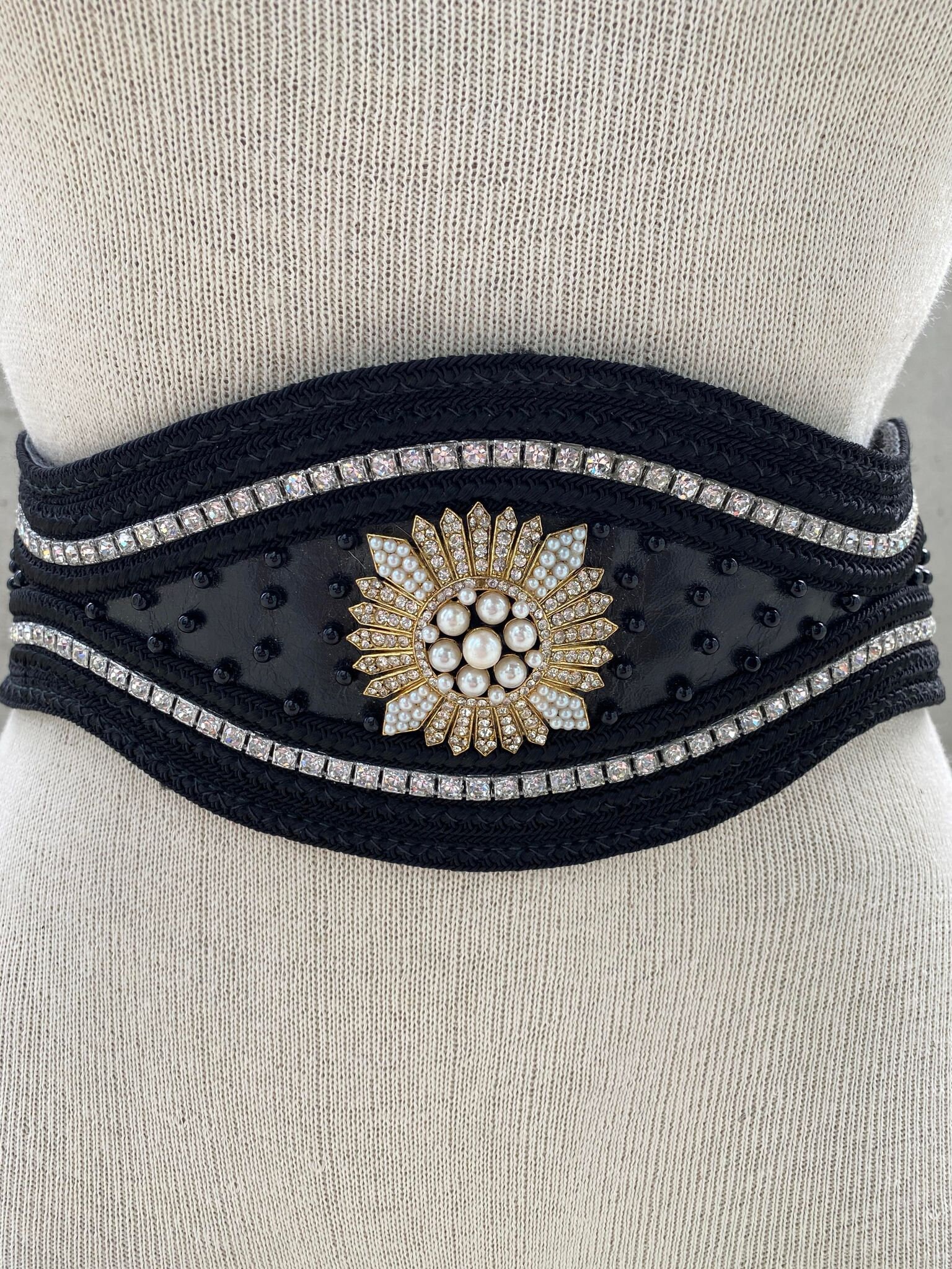 1980s RJ Graziano Black Leather Belt, Austrian Crystals  display picture 1