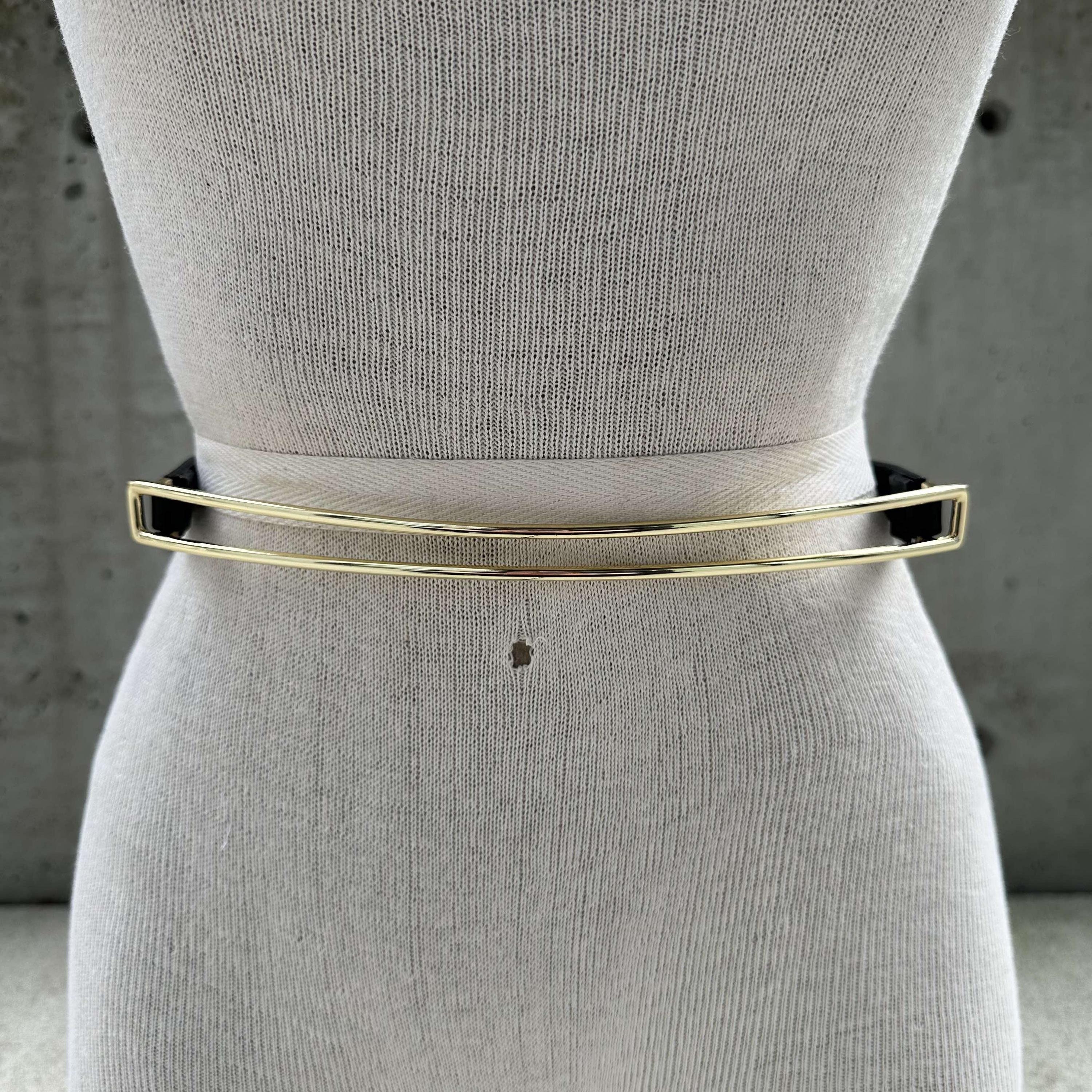 Y2K Club Mocano belt, black leather belt, gold tone rectangular buckle, maximalist elegant fashion, statement belt, modern working girl