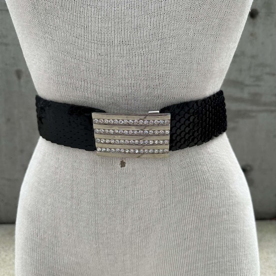 Vintage 1970s Silver Fish Scale Belt Vintage 70s Belt Silver Metal Disco Fish Scale Wide Elastic  main image 4