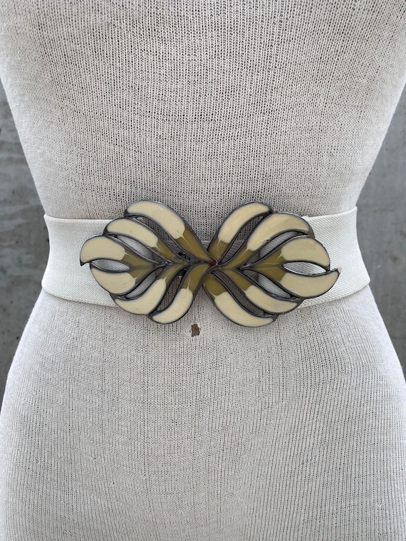 Vintage Cream Stretch Belt with Gold Enamel Buckle 2 Retro DAY LOR USA Accessories off White/cream &navy Blue  main image 3