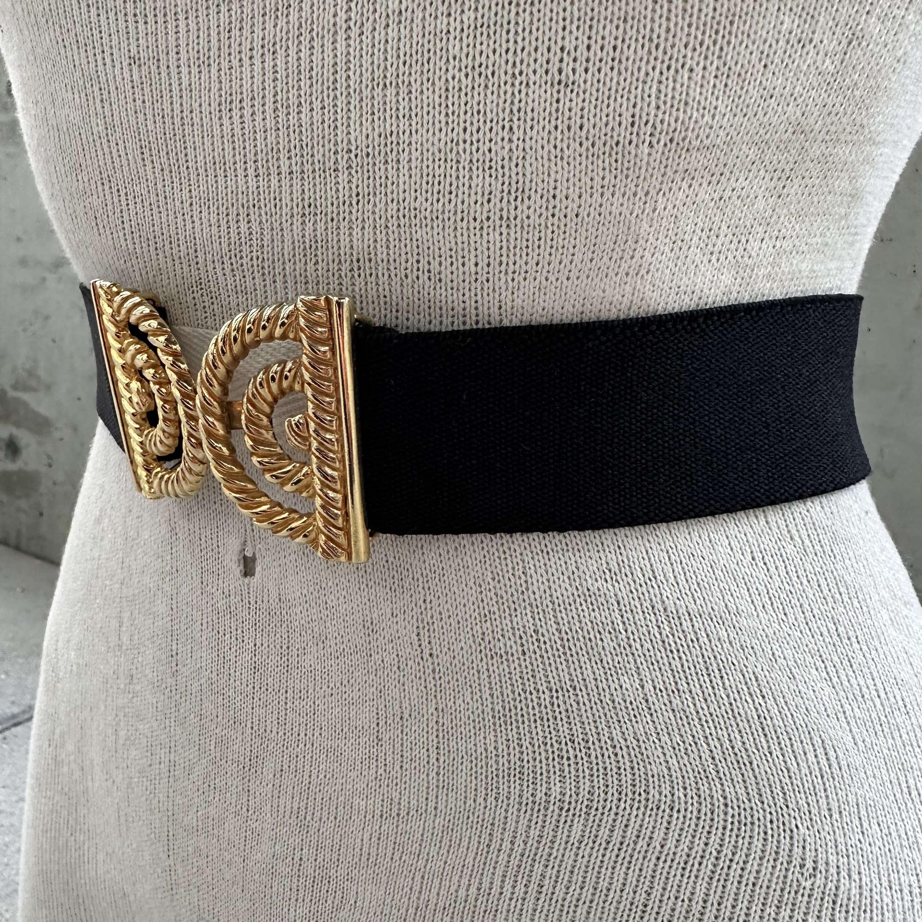1980s Black Elastic Belt, Vintage Stretch Waistband, Gold  display picture 1