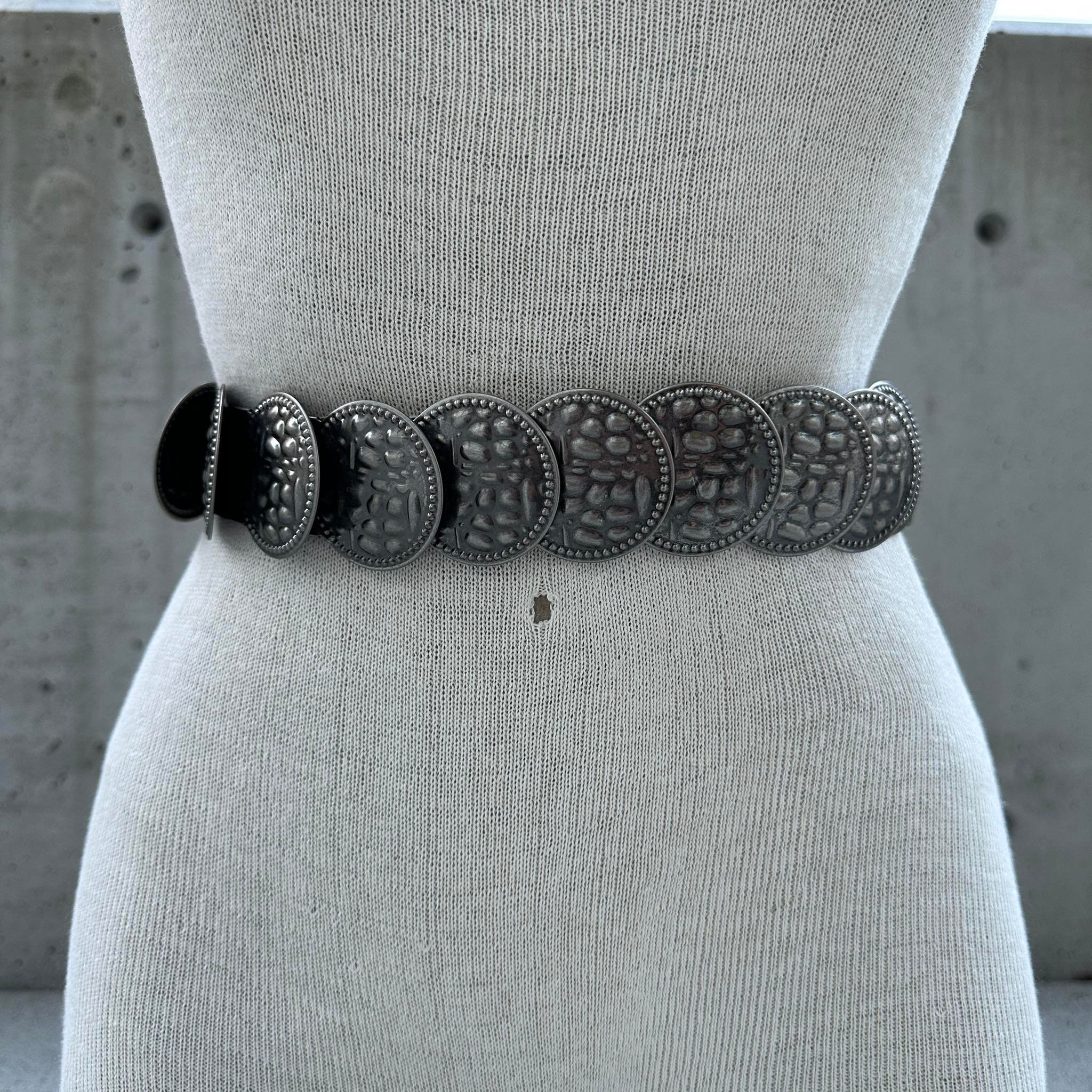 Vintage Silver Tone Coin Stretch Belt, 80s Shiny Disc Metal 
