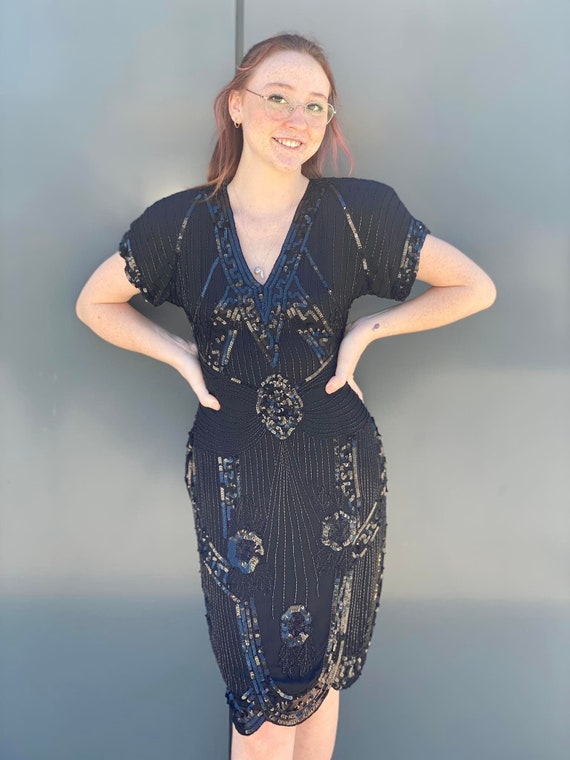 80s Lillie Rubin Black dress, Black beaded cocktail dress, sequin formal evening gown, short sleeve gown, keyhole back, elegant duchess