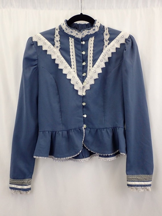 Vintage blue prairie blouse, 80s blue and white l… - image 1