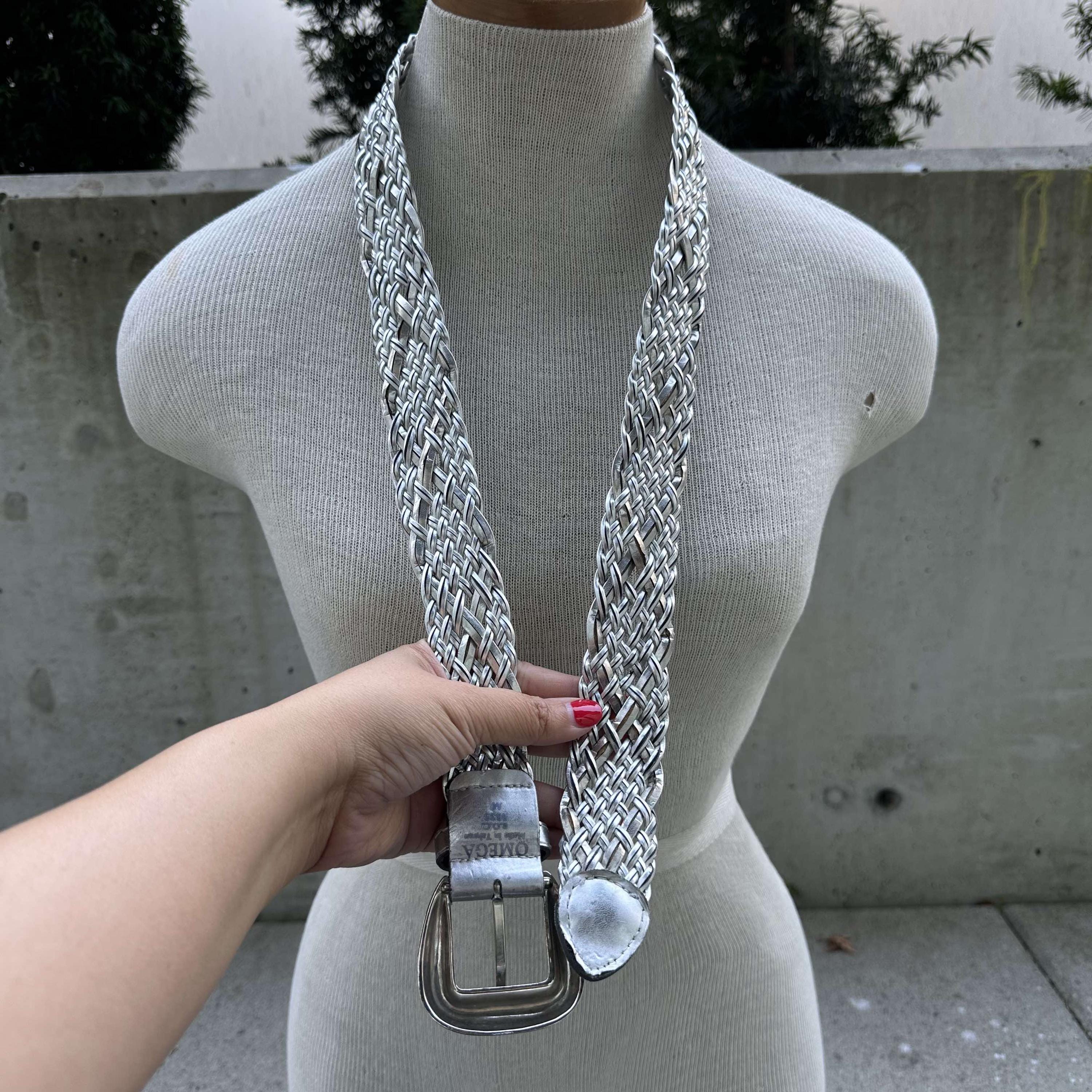 90s Metallic Silver Braided Belt, Wide Woven Belt, Glam Rock 