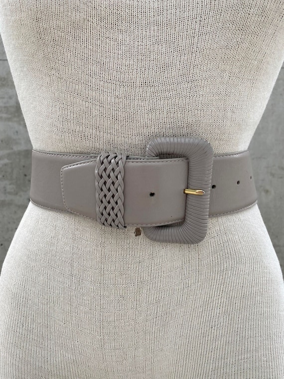 Vintage Liz Claiborne belt, 80s wide grey belt, fullgrain semi aniline leather, chunky buckle with braided belt loop, classy accessories