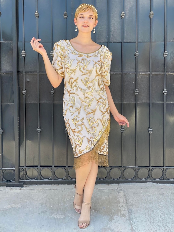 Vintage fringed stenay dress, beige great gatsby style gown, gold sequins and beads, prom queen attire, elegant duchess ball dress, sparkle Vintage fringed stenay dress, beige great gatsby style gown, gold sequins and beads, prom queen attire, elegant duchess ball dress, sparkle