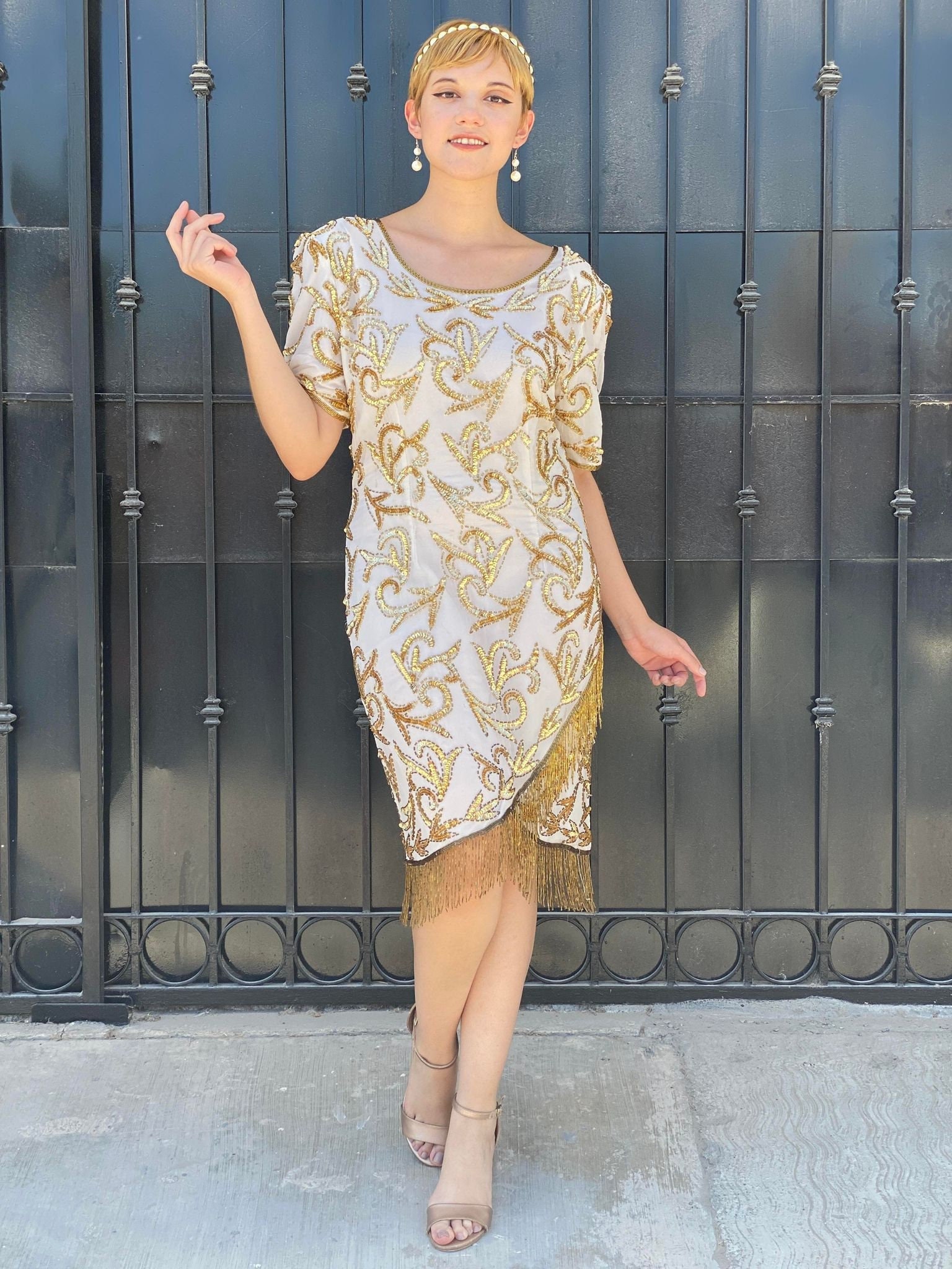 Vintage fringed stenay dress, beige great gatsby style gown, gold sequins  and beads, prom queen attire, elegant duchess ball dress, sparkle