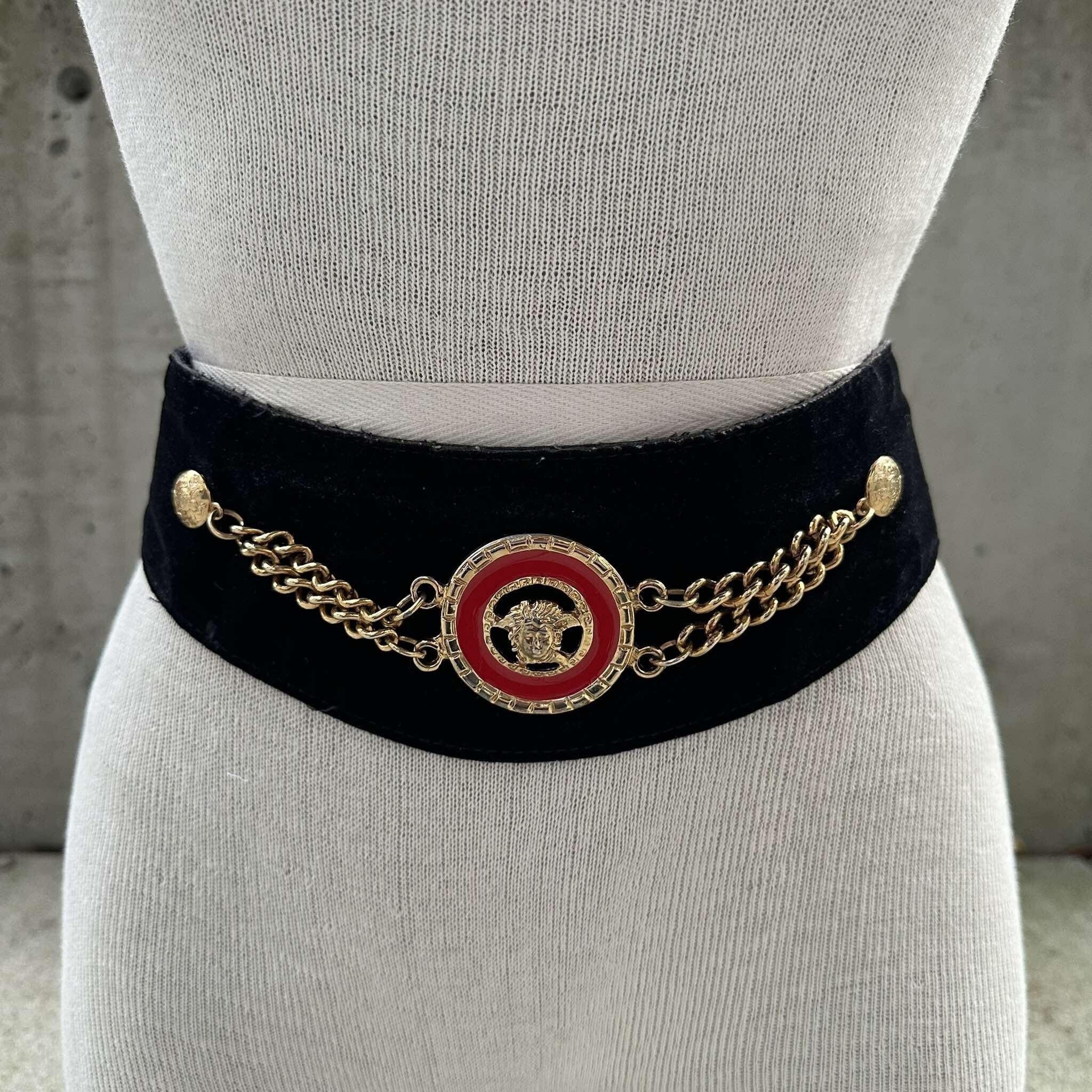 80s Black Velveteen Chain Belt, Red Enamel Medallion, Medusa 
