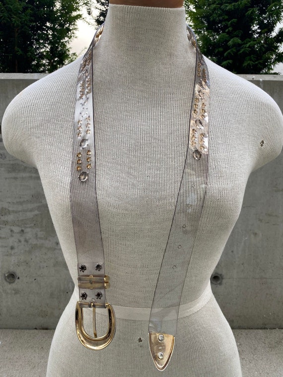 Vintage Clear Plastic Belt, 80s Acrylic Studded Belt, Gold