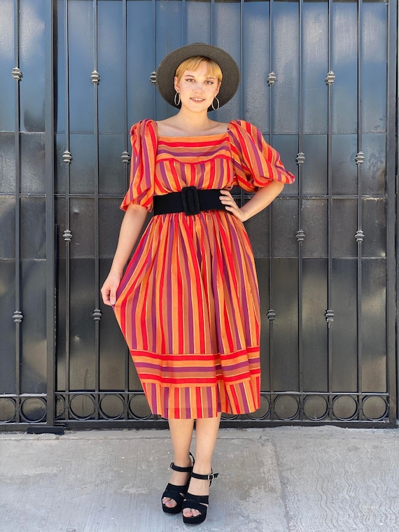 Vintage John Roberts striped dress, colorful winer