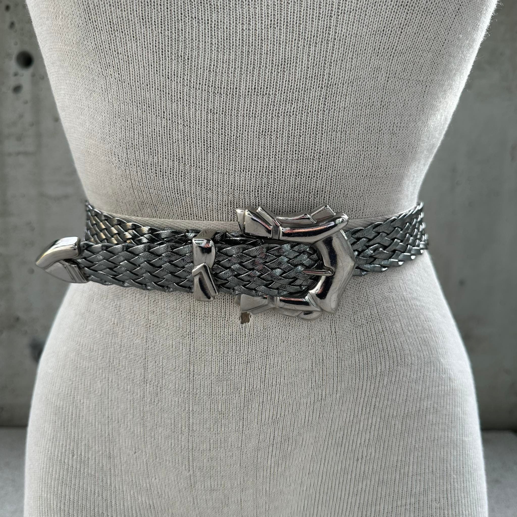 90s Metallic Midnight Silver Braided Belt, Glam Rock Fashion 90s Metallic Midnight Silver Braided Belt, Glam Rock Fashion