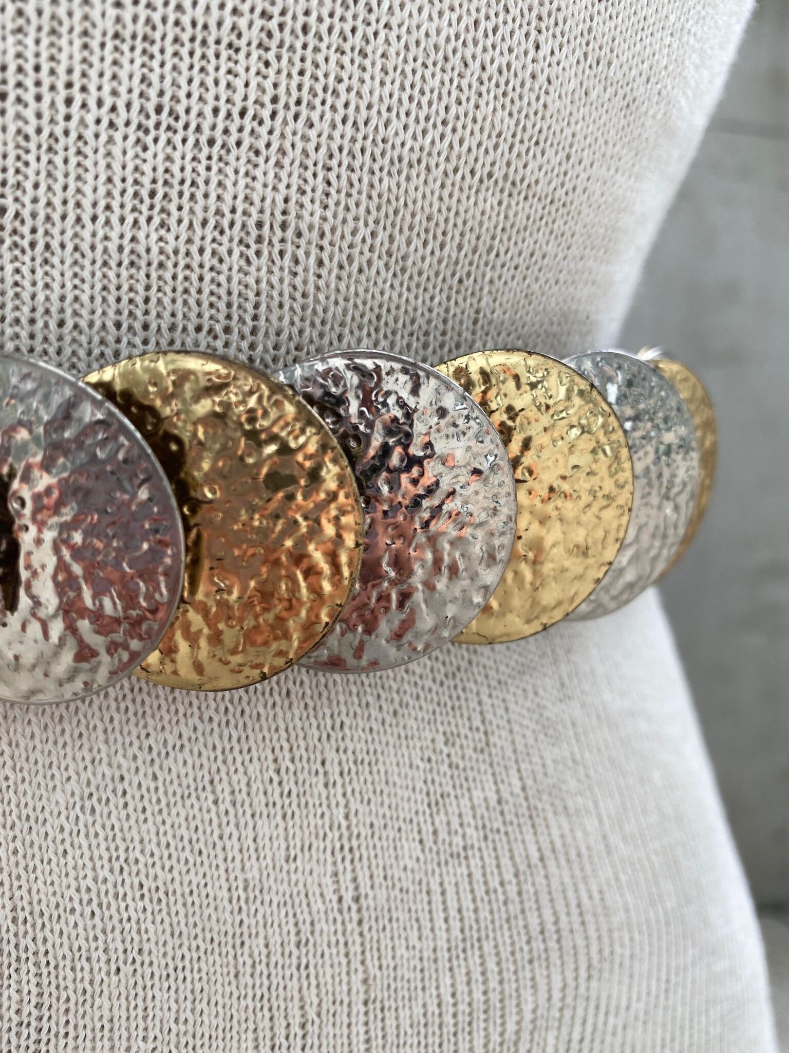 80s Gold and Silver Disc Scale Elastic Belt, Vintage  display picture 1