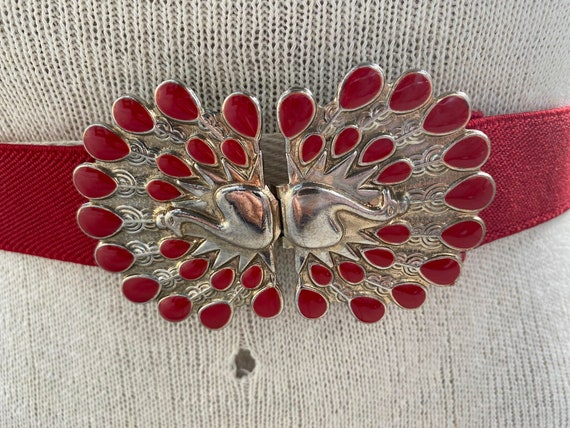 Vintage 80s Red Elastic Belt, Red and Gold Peacock Buckle  display picture 1
