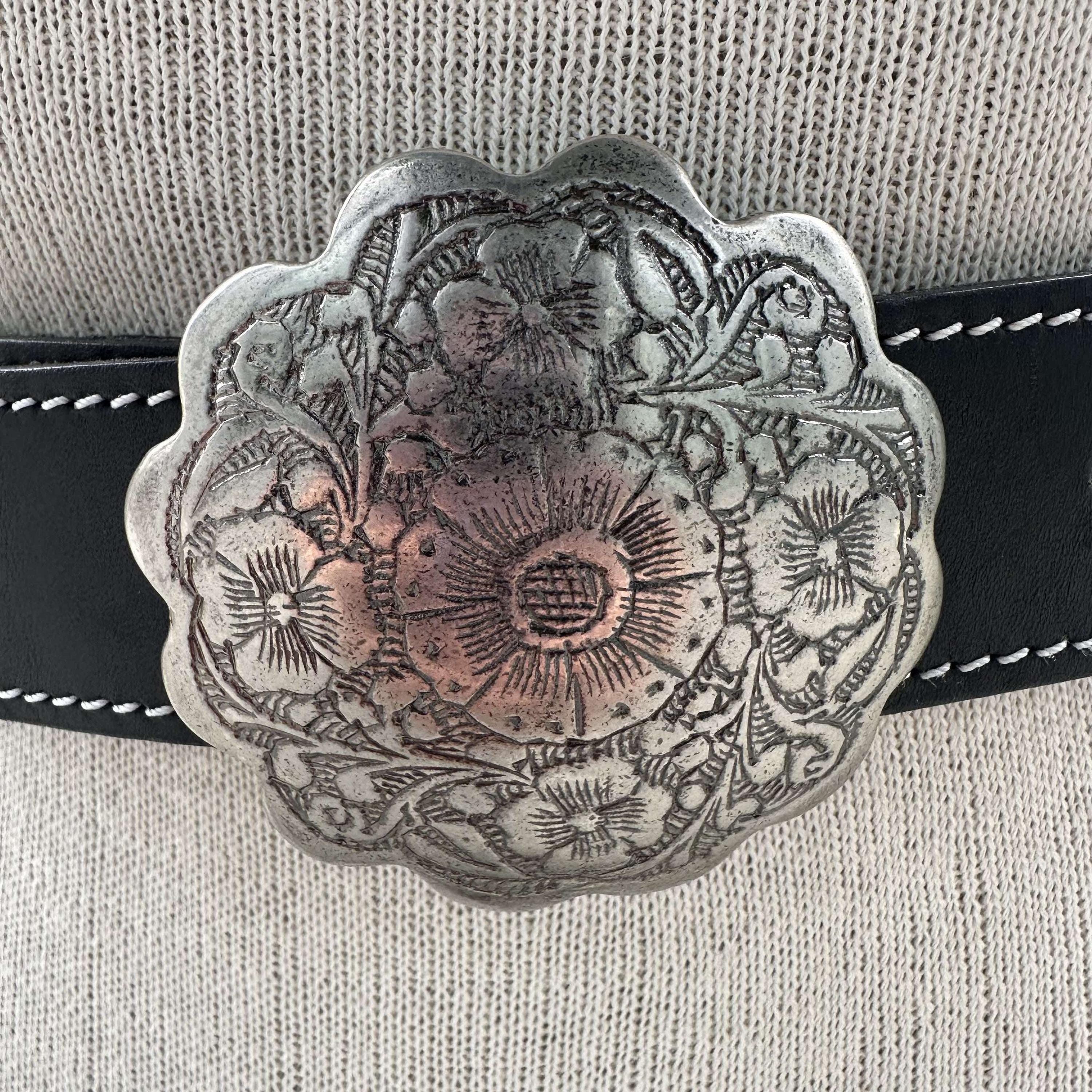 80s Nan Lewis Black Genuine Leather Belt, Chunky Floral 
