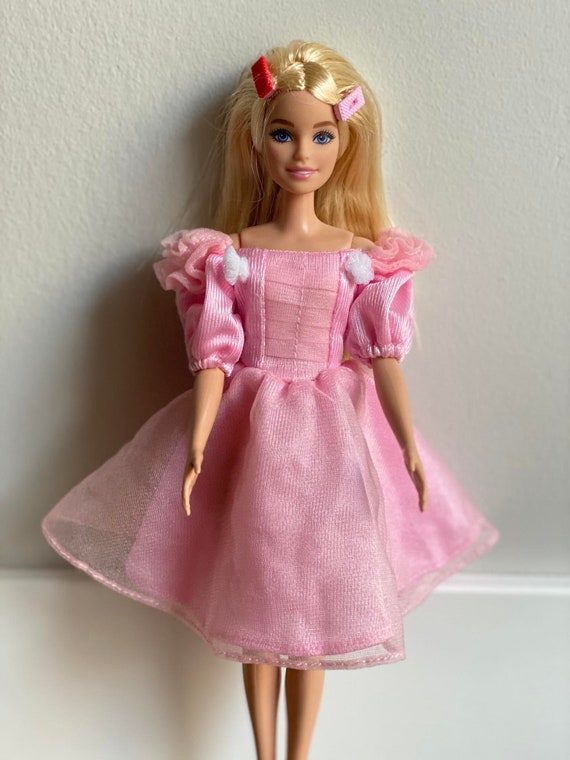 Barbie Doll Clothes Floral Dress with Puffy Sleeves and 2 Accessories