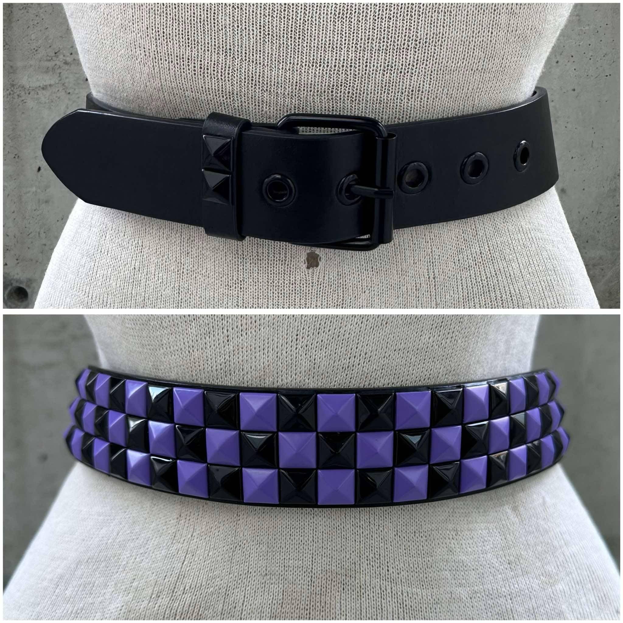 Y2K Black and Purple 3 Rows Pyramid Studded Belt, Checkered Waist