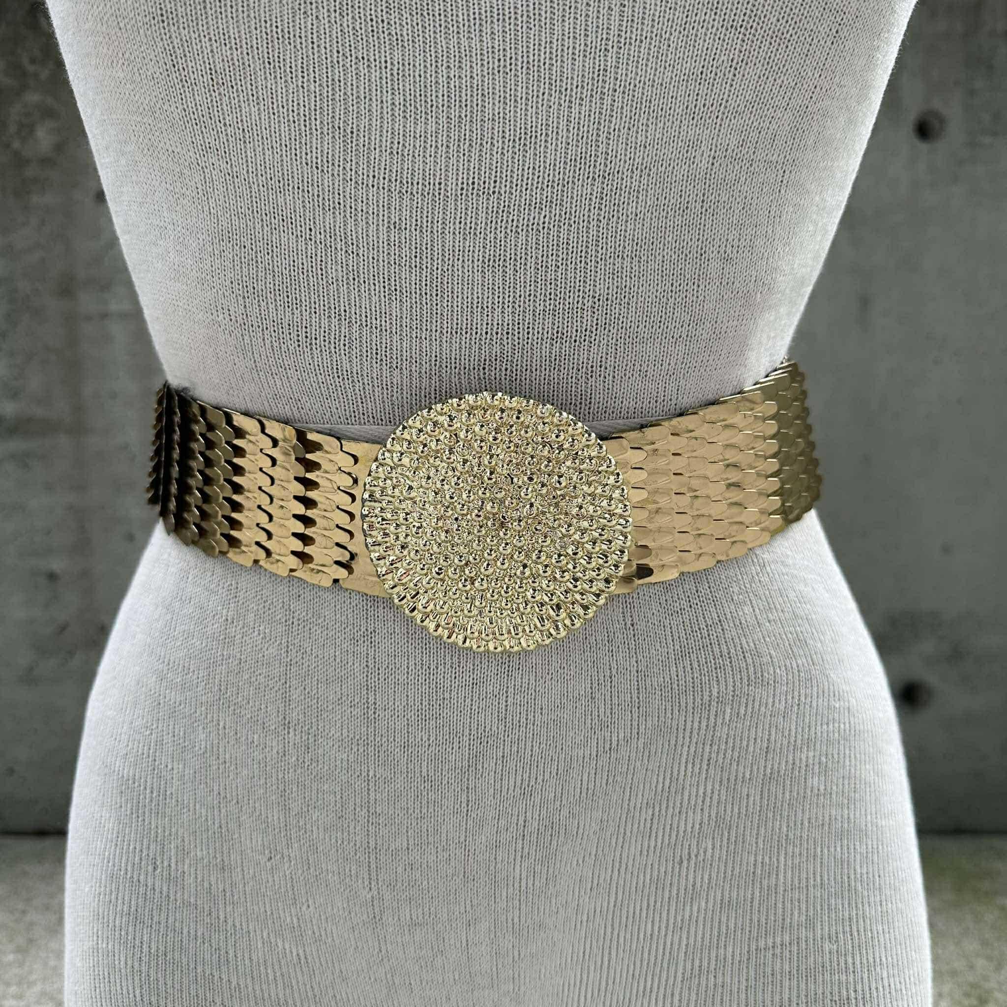 90s Gold Tone Fish Scale Stretch Belt, Metal Mermaid Scales  display picture 2