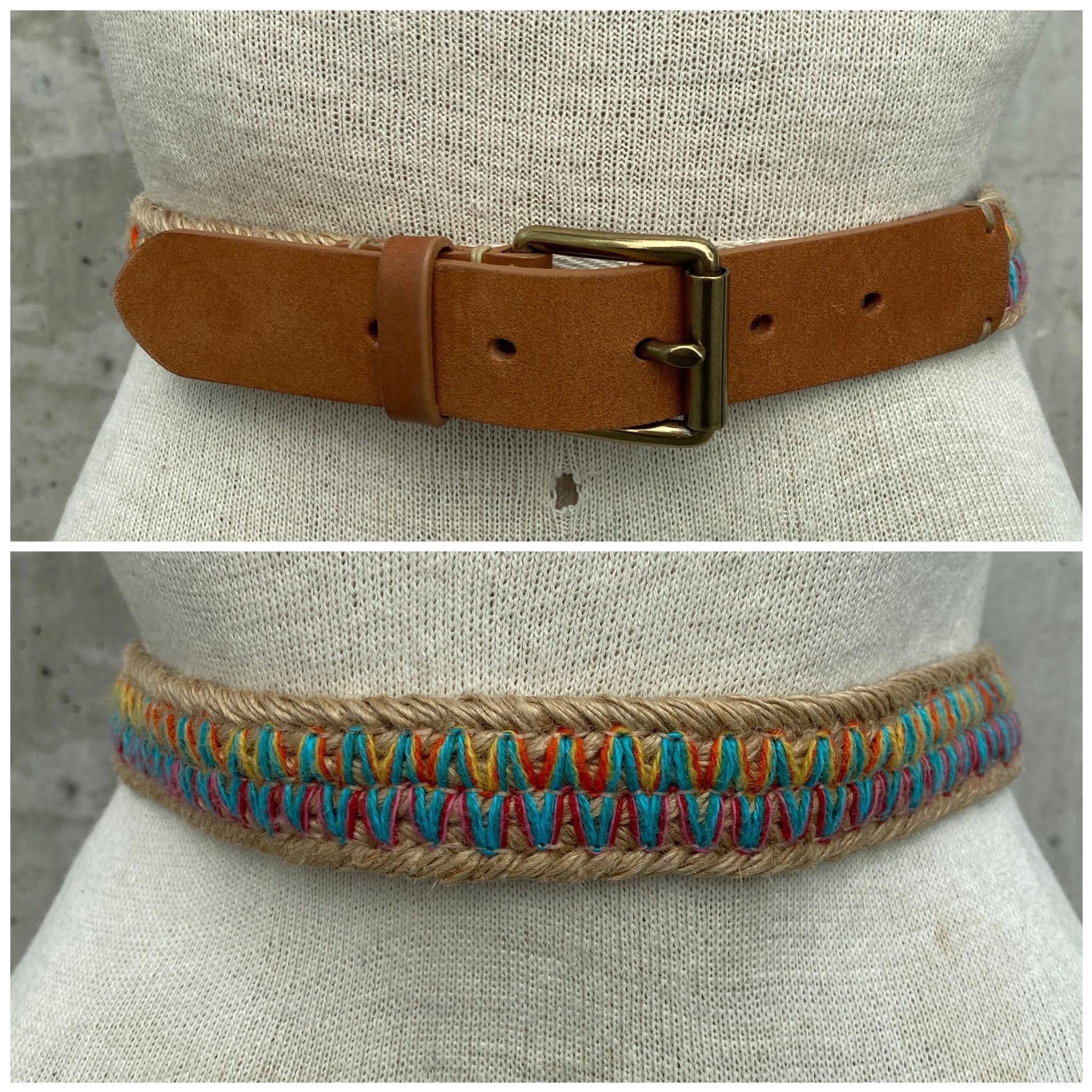 Y2K Natural Jute Belt, Brown Genuine Leather Trim 