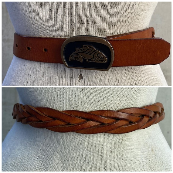 Y2K braided brown leather belt, NW coast native style buckle, solid bronze tlingit salmon buckle, native american fashion, west coast style