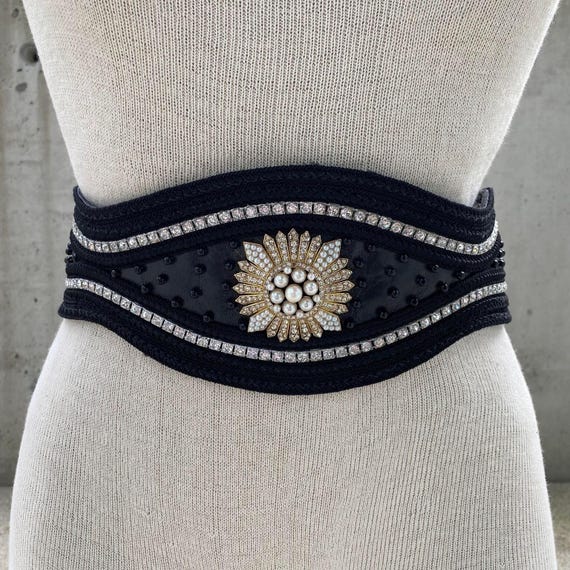 vintage r.j graziano black wide leather belt Vintage RJ Graziano Belt, 80s Black With Green Ropes  main image 3