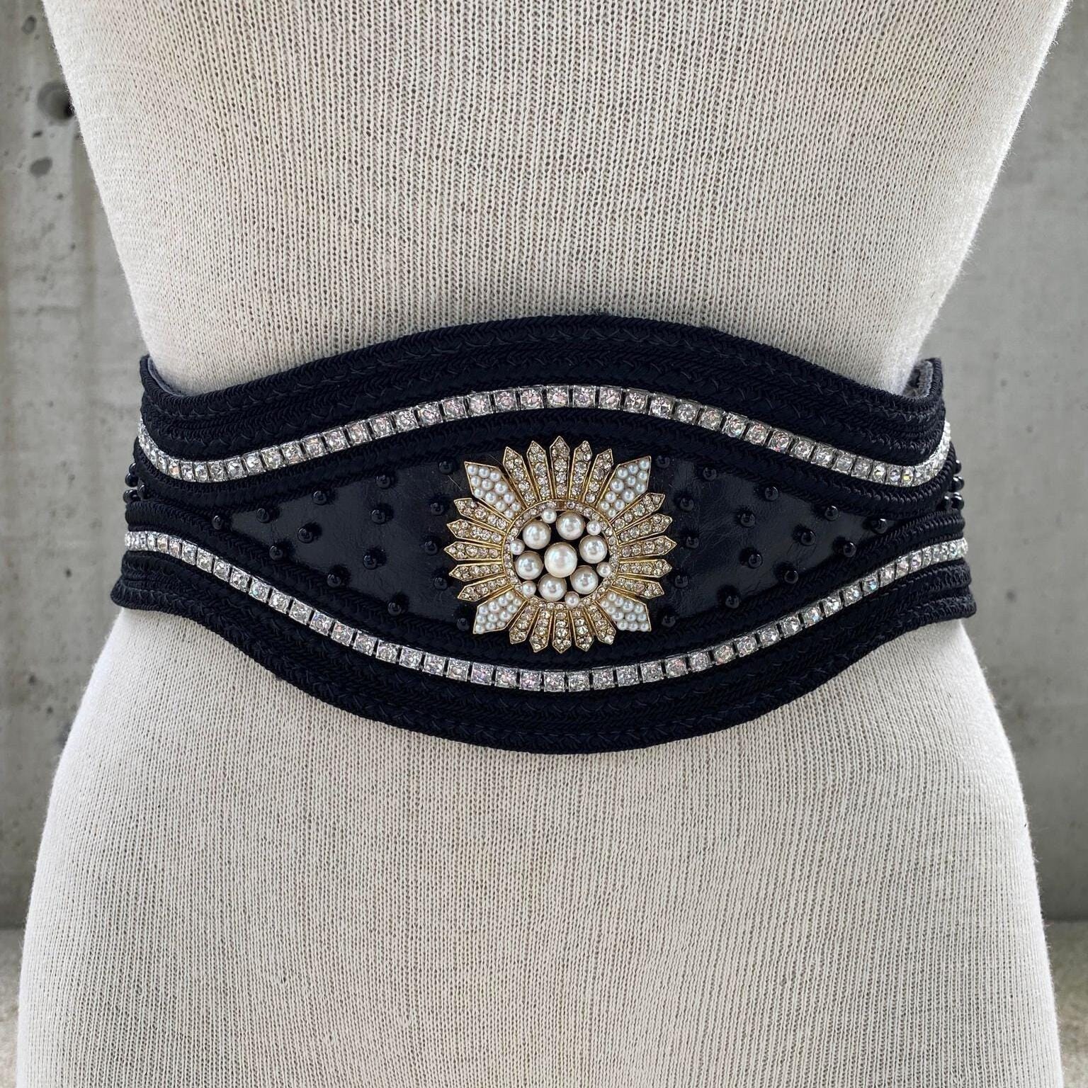 1980s RJ Graziano Black Leather Belt, Austrian Crystals, Black