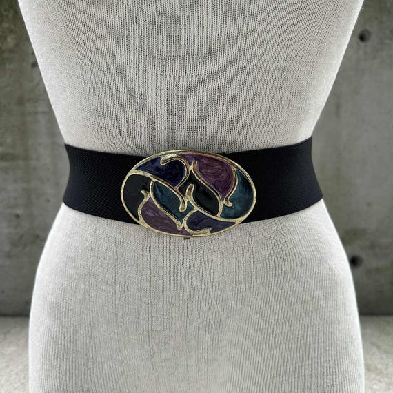Dollhouse Black Ruched Elastic Belt with Round Metal Logo Buckle Vintage Black & Silver Wide Elastic Vintage Belt / Size Medium  main image 3