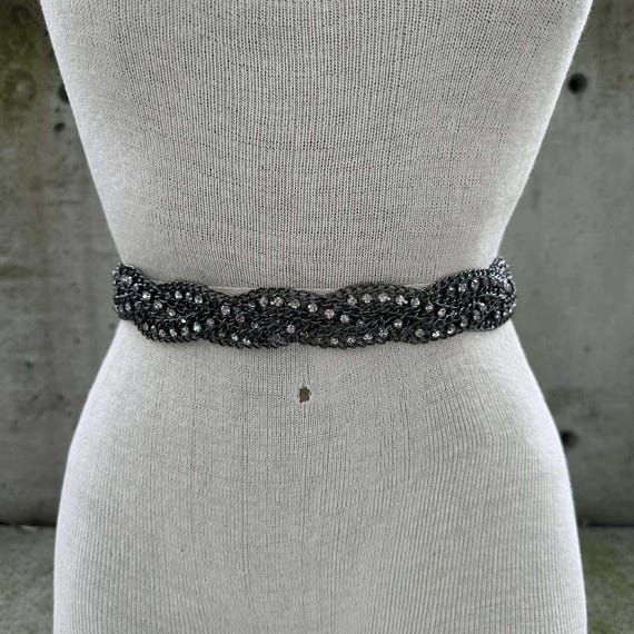 90s Black Elastic Belt, Braided Chain With Rhinestones, Dark  display picture 1