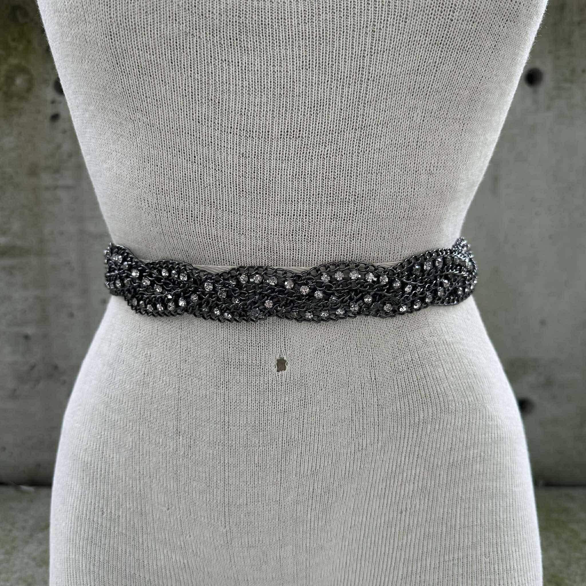 90s Black Elastic Belt, Braided Chain With Rhinestones, Dark  display picture 1