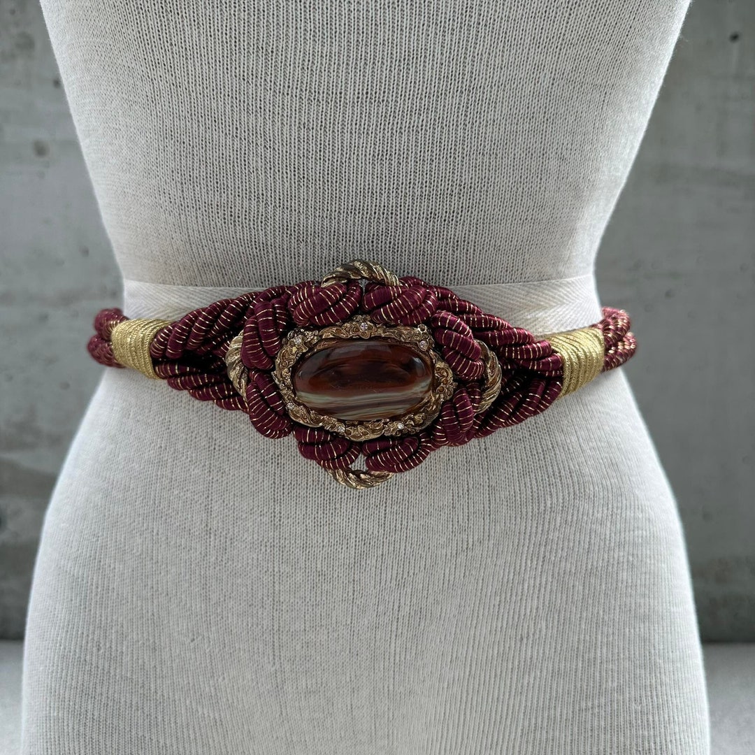80s Burgundy and Gold Tone Rope Belt, Twisted Cord Belt, Vtg  display picture 3