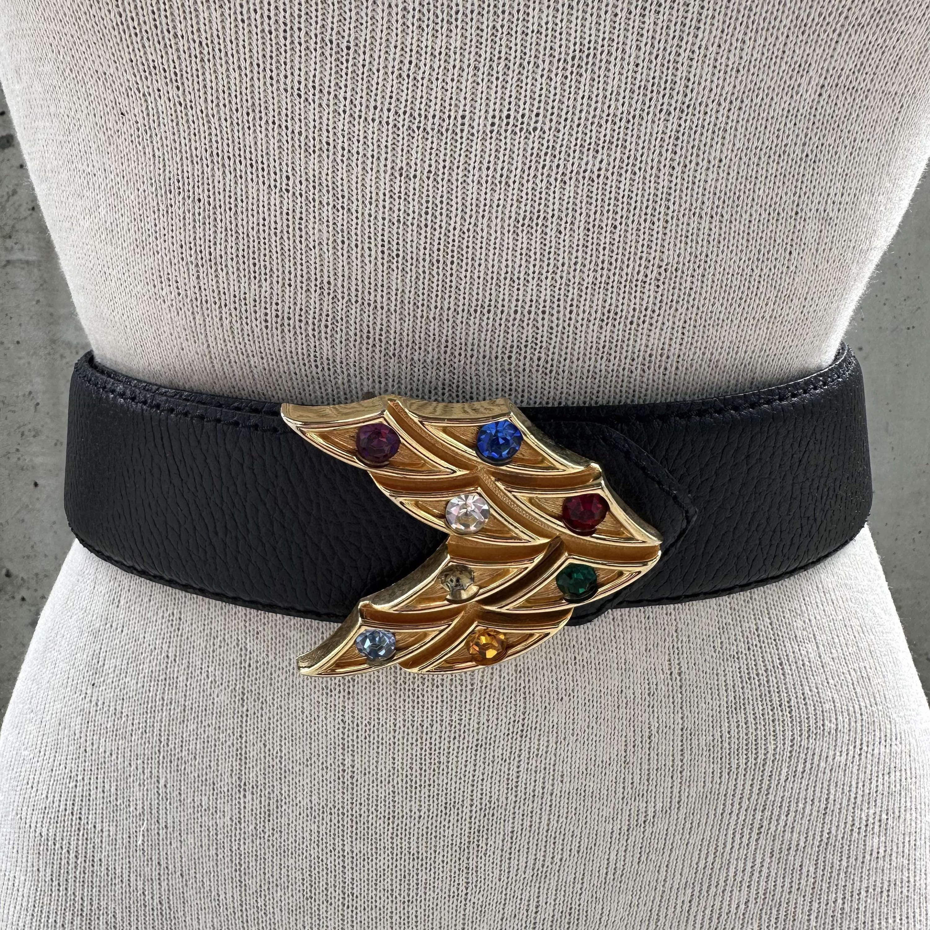 Embellished Black Leather Statement Belt with Multicolor Gems Faux Purple Gemstone Set in Silver Western Buckle on Black  main image 4