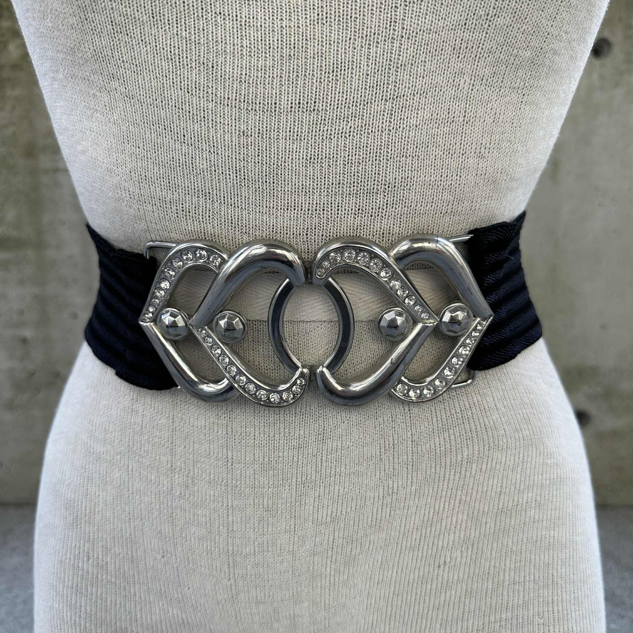 Y2K Black Elastic Belt, Silver Tone Rhinestone Buckle, Glam 