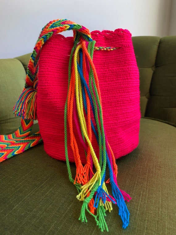 90s bright pink crocheted bag, south american buc… - image 5