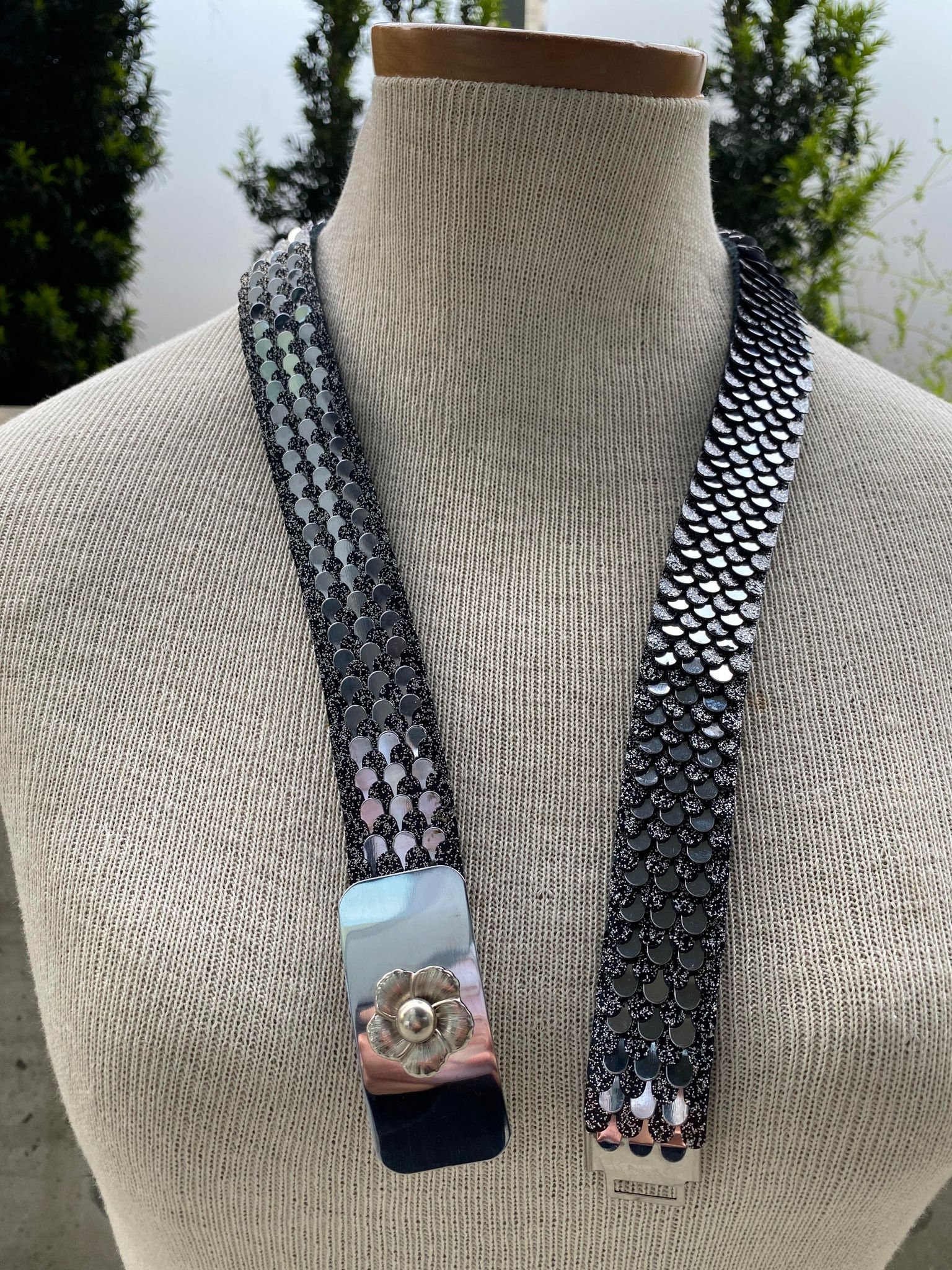 Vintage 70s glam disco silver fish scale belt with silver buckle 70s Silver Tone and Black Fish Scale Belt, Vintage Disco  main image 3
