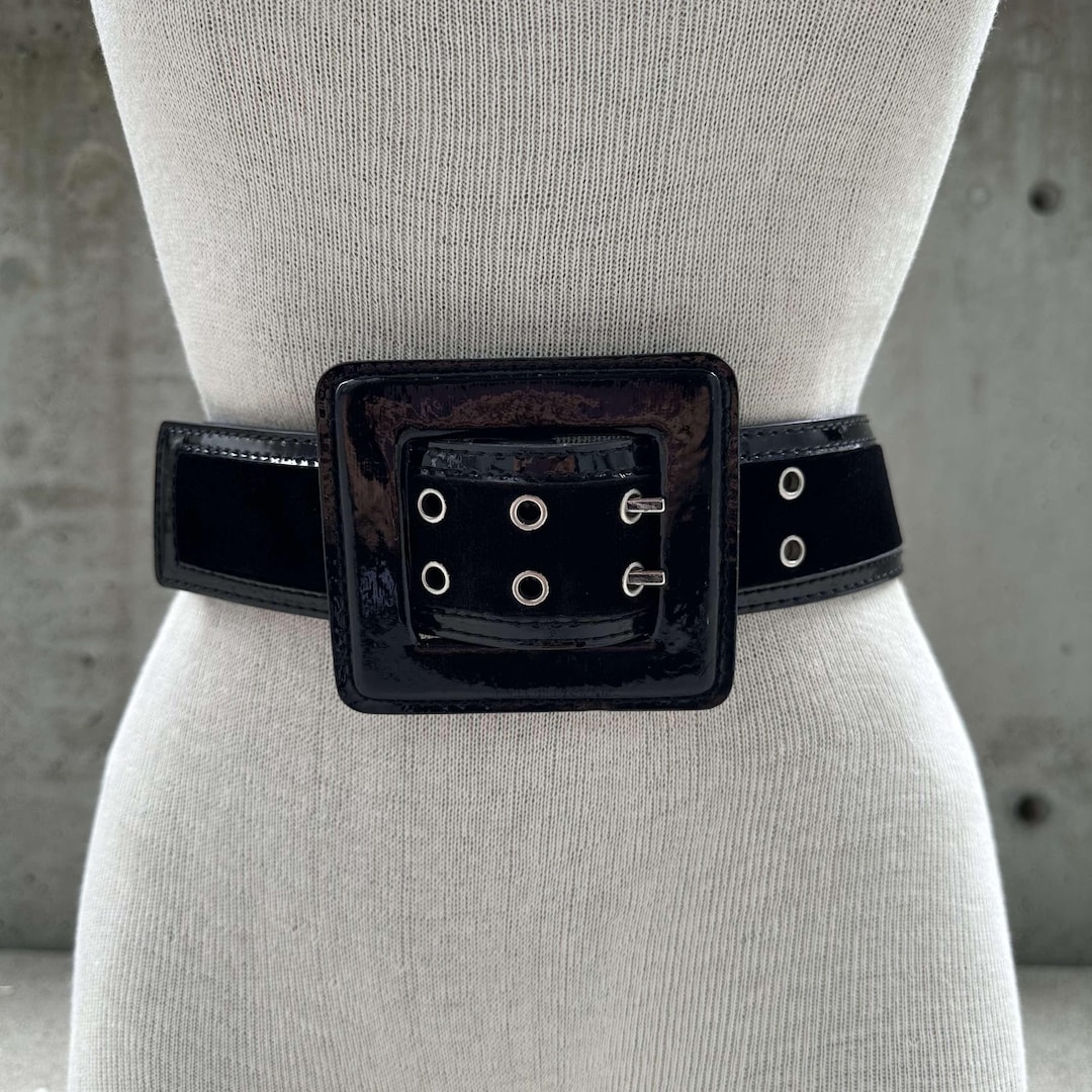 Y2K Wide Black Belt, Faux Patent Leather and Velveteen Belt