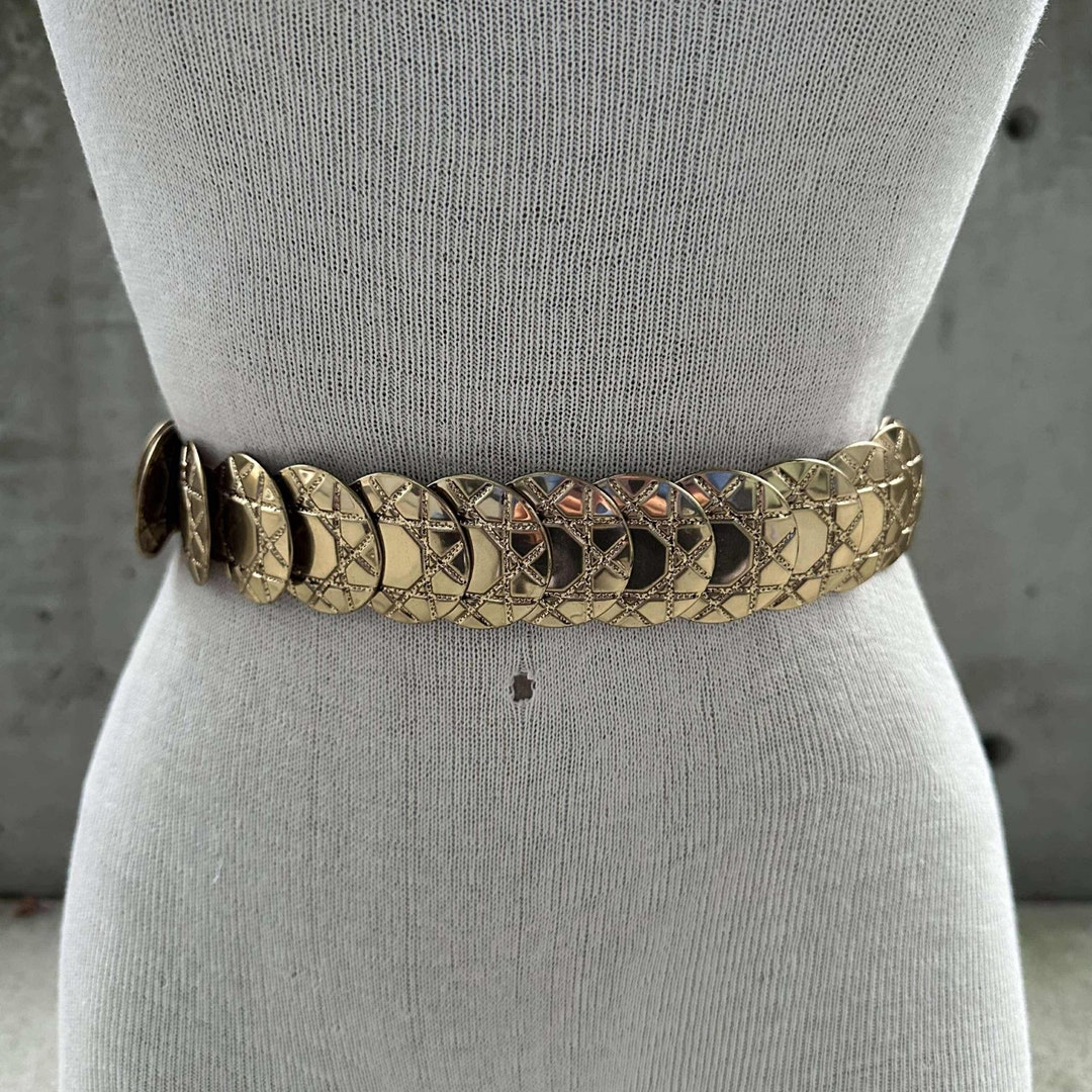 80s Gold Disc Scale Elastic Belt, Vintage Medallion Stretch  display picture 3