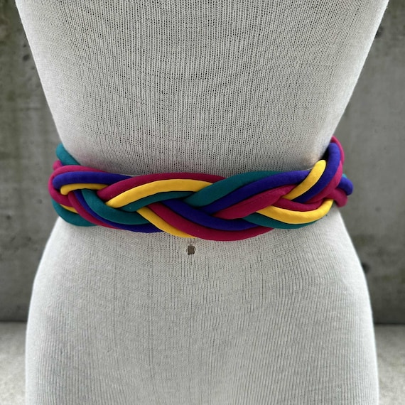 80s Braided Rainbow Fabric Belt, Velcro Waist Cincher 