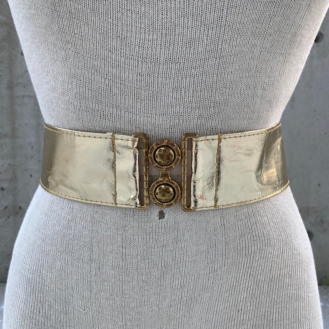 80s Gold Metallic Belt, Gold Tone Waistband, Glam Rock Accessories, Oil