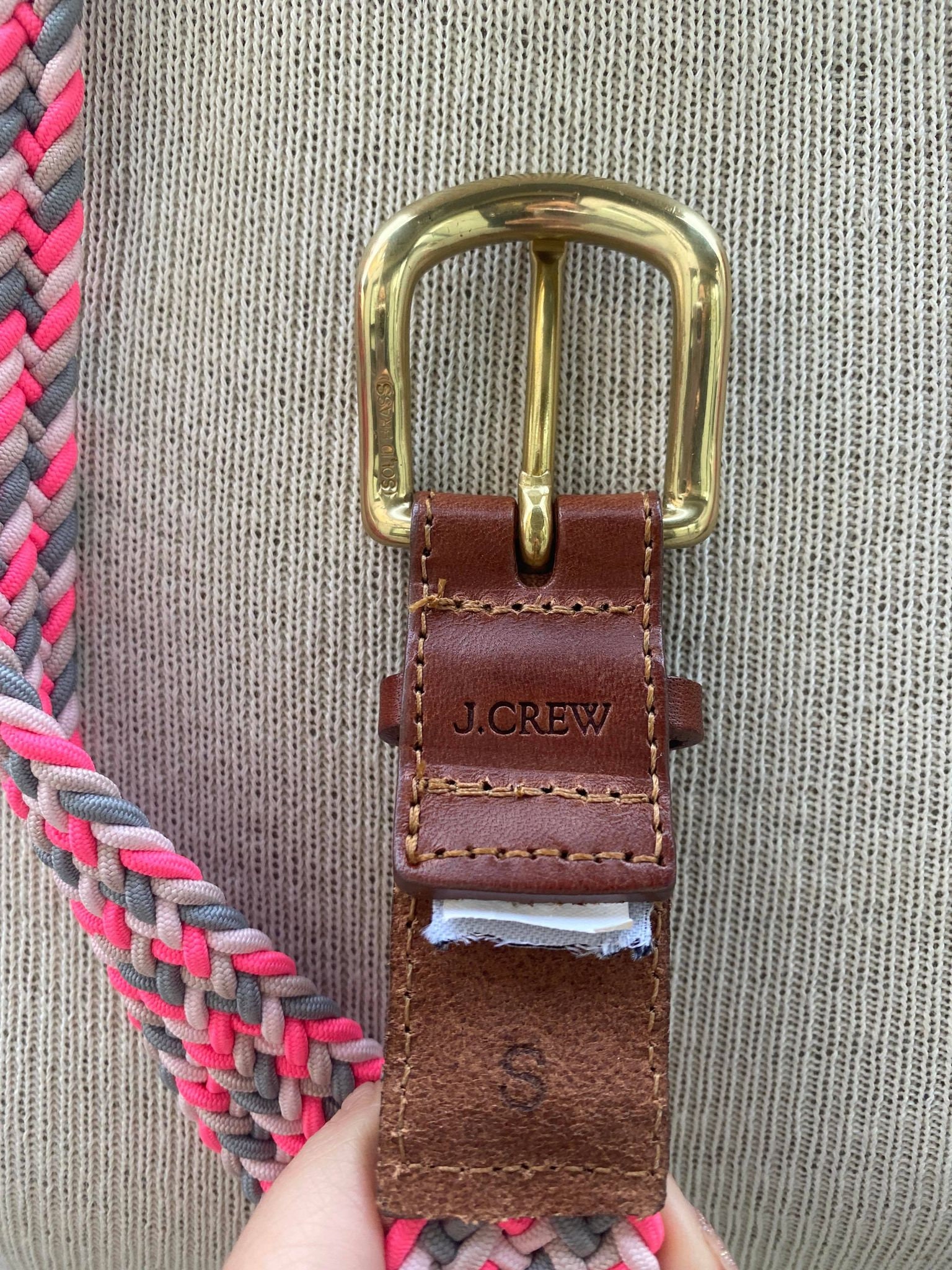 NWT Y2K J Crew braided pink grey woven elastic belt with Leather accents Sz M Y2K J Crew Braided Belt, Pink and Grey Woven Elastic Fabric  main image 3