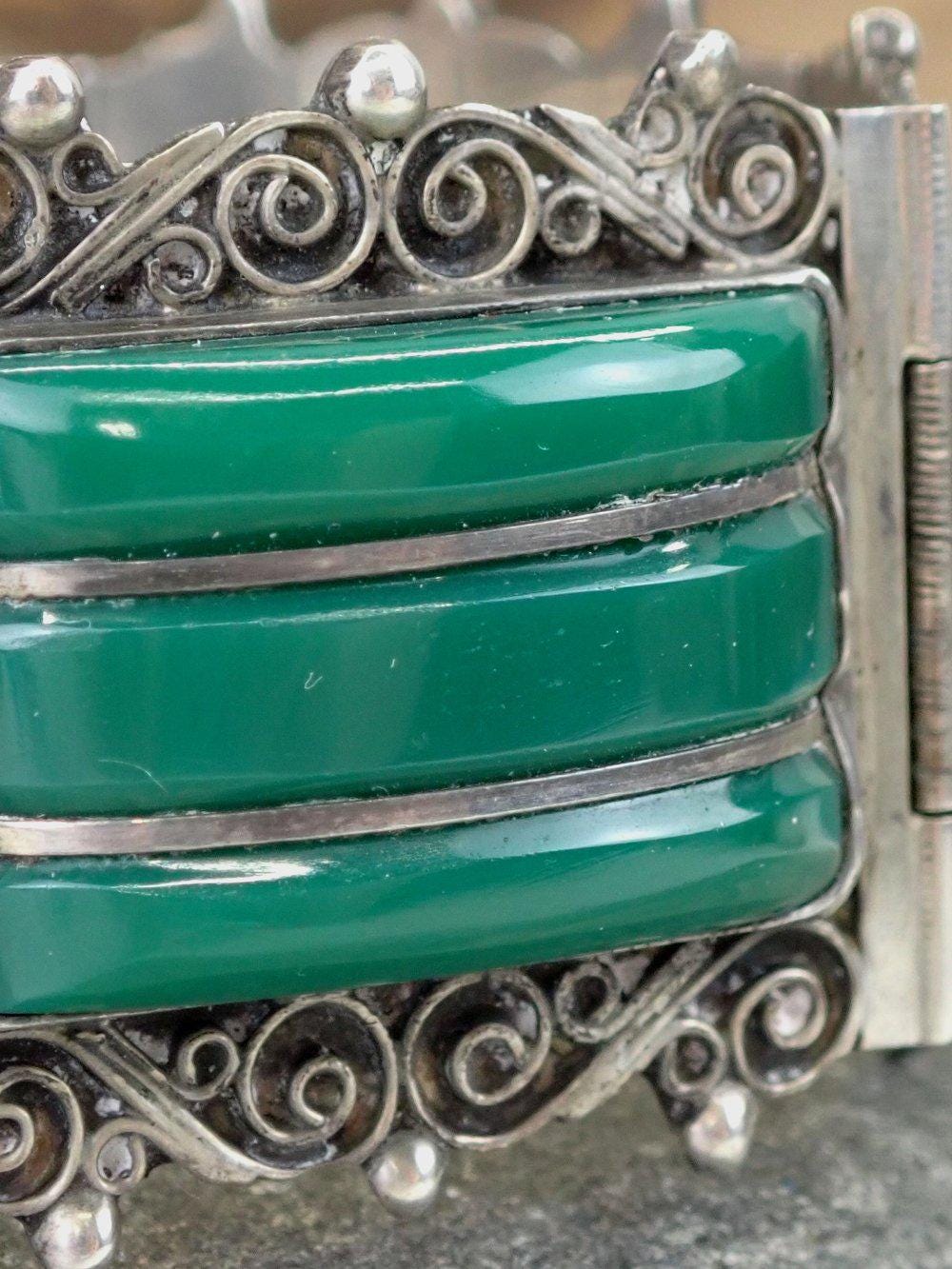 40s Mexican Sterling Silver Bracelet, Green Onyx Carved Face 40s Mexican Sterling Silver Bracelet, Green Onyx Carved Face